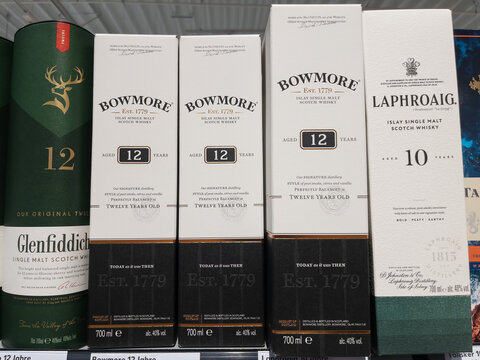 Assortment of Single Malt Scotch Whisky Brands on Retail Shelf