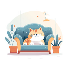 Cozy Cat on Chair with Houseplants Flat Illustration. Charming flat illustration of a cozy cat lounging on a chair, flanked by houseplants.