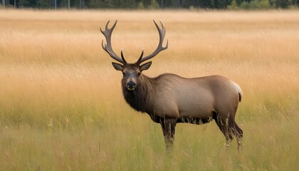 An Elk Standing In A Field Of Tall Grass Blending
