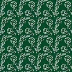 Cartoon autumn harvest seamless Halloween mushrooms with skulls pattern for wrapping paper and fabrics
