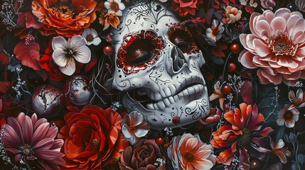 This is a painting of a skull with red and pink flowers.