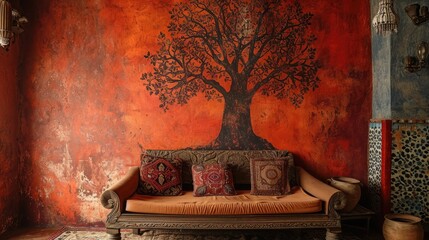 a tree mandala pattern against a richly colored wall, complemented by an inviting sofa.