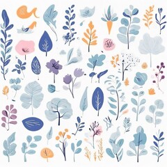 A collection of seamless pattern, colorful abstract plants and flowers. Hand drawn Collection of leaves and flowers. A close up of a pattern of flowers and leaves.
