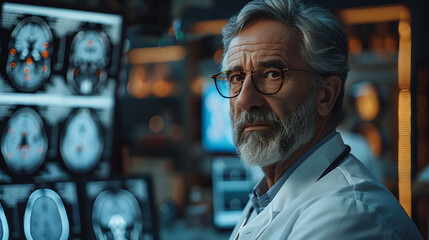 Docteur médecin neurologue, spécialiste du cerveau, devant ses écrans, analyse des données, homme blanc âgé