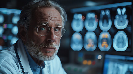 Docteur médecin neurologue, spécialiste du cerveau, devant ses écrans, analyse des données, homme blanc âgé avec des lunettes