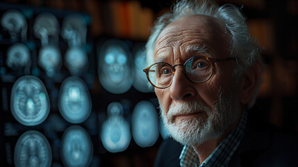 Docteur médecin neurologue, spécialiste du cerveau, devant ses écrans, analyse des données, homme blanc âgé