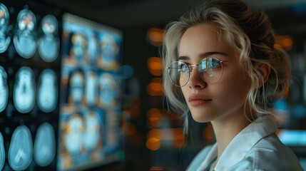 Docteure médecin neurologue, spécialiste du cerveau, devant ses écrans, analyse des données, femme blanche blonde avec des lunettes