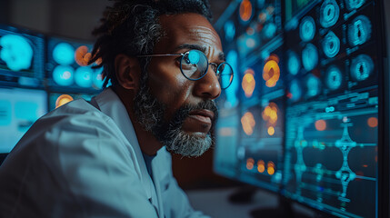 Docteur médecin neurologue, spécialiste du cerveau, devant ses écrans, analyse des données, homme noir black