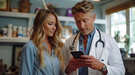 Docteur médecin montre des résultats données sur son téléphone portable, application web, app
