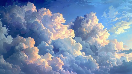 A beautiful landscape of a blue sky filled with fluffy white clouds. - obrazy, fototapety, plakaty