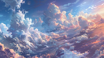 Amazing view of the sea of clouds above the mountains. The sky is blue and the clouds are white. The sun is shining through the clouds.