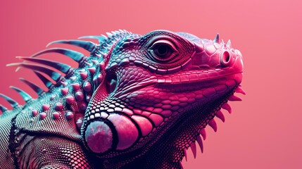 A closeup of a colorful iguana. The iguana is mostly pink with blue and purple accents on its skin. The background is a bright pink.