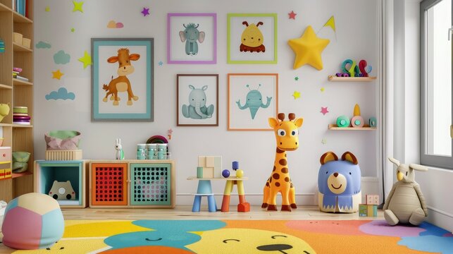 A vibrant children's playroom with colorful frame mockups showcasing whimsical animal illustrations.