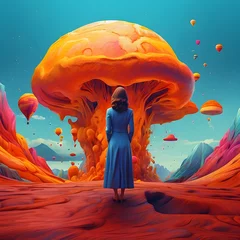 Zelfklevend Fotobehang A compelling scene of a woman in a blue dress observing a giant mushroom in a surreal, alien-like landscape © JohnTheArtist