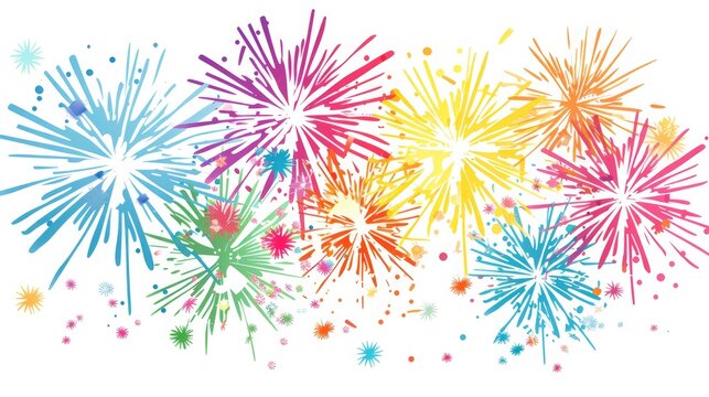 A vibrant clipart of fireworks bursting in the night sky, casting a colorful glow on the pure white background.