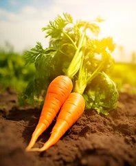 Poster Fresh carrot in the farm field, close up © xamtiw