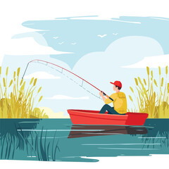 Fisherman fishing in pond vector illustration. Man