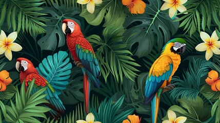 ðŸ¦œðŸŒºðŸŒ´ Seamless exotic pattern with parrots, palm leaves and tropical flowers. Vector illustration.
