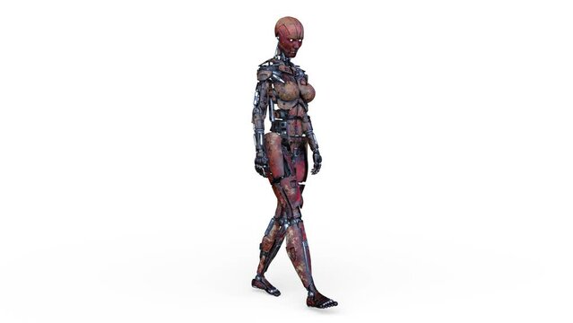 うつむいて歩く女性ロボット　3DCGレンダリング