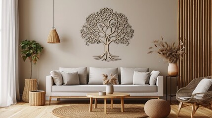 a visually appealing composition of a tree mandala on a soft-hued wall, harmonized with a contemporary sofa. - obrazy, fototapety, plakaty