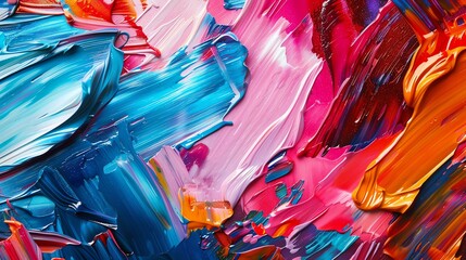 Colorful abstract painting. Thick oil paints in bright colors. Pink, blue and orange. Modern art.