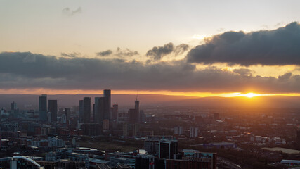 The Sunrises over Deansgate Square, a residential skyscraper cluster on the southern edge of Manchester City Centre, UK
They are called, North, West, South ,East, The Blade, Beetham Tower and Three60.