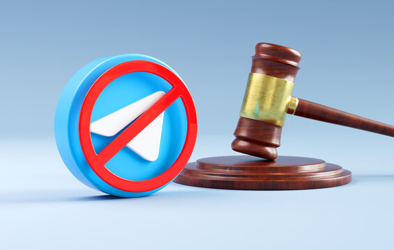 Valencia, Spain - March, 2024: A court order blocks Telegram in Spain for hosting copyright-protected content without permission. Telegram logo and a judge's gavel on a neutral background