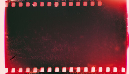 Film stripe black background with red light leaks, broken color tone. Dusty scratched and scanned old film texture.