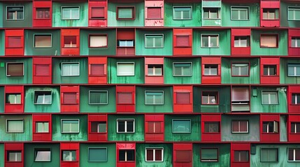 The image shows a colorful facade of a residential building with many identical windows. - Powered by Adobe