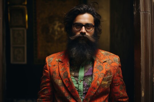 Portrait of a handsome young man with a long beard and mustache in a stylish orange jacket and glasses on the background of a vintage door