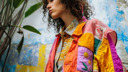 A young woman with curly hair is wearing a colorful jacket. The background is a blur of light blue and yellow.