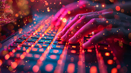 Mains avec un effet graphique, doigts sur les touches du clavier d'un ordinateur pc, avec des couleurs roses - obrazy, fototapety, plakaty