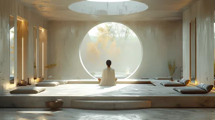 Fotobehang Femme méditation, environnement zen dans une maison épurée et spacieuse, position yoga, réflexion et perception des éléments © MATTHIEU