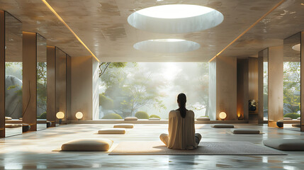Femme méditation, environnement zen dans une maison épurée et spacieuse, position yoga, réflexion et perception des éléments
