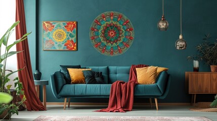 a vivid mandala blossom on a deep teal backdrop, complemented by a comfortable sofa for an inviting atmosphere.