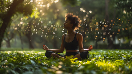 Femme black noire méditation zen dans la nature, faune et flore, position yoga, réflexion et perception des éléments