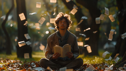 Homme avec un livre méditation zen dans la nature, faune et flore, position yoga, réflexion et perception des éléments