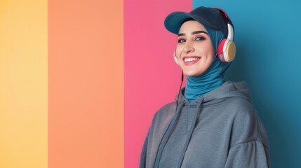 Portrait of a hipster woman listening to music against a colorful background

