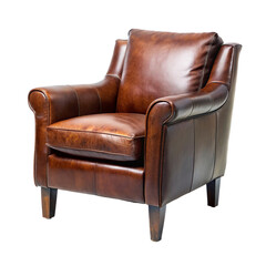 Brown leather armchair isolated on transparent background.