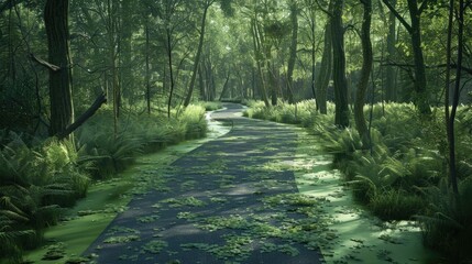 an asphalt pathway adorned with a muted, earthy green pigment, inviting exploration into tranquil wooded realms.