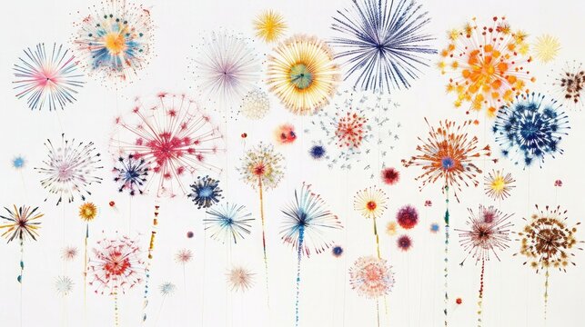 An assortment of clipart fireworks, each one a miniature work of art, captured in exquisite detail against the pure white background.