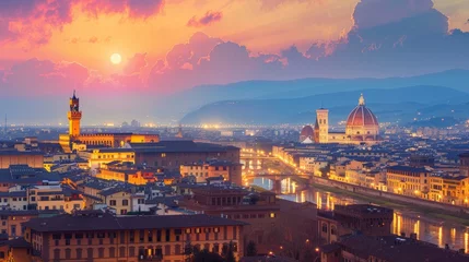 Photo sur Plexiglas Ponte Vecchio Surreal painting of Ponte Vecchio over the Arno river and Florence Landscape in Italy.