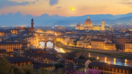 Fototapeta na wymiar Surreal painting of Ponte Vecchio over the Arno river and Florence Landscape in Italy.
