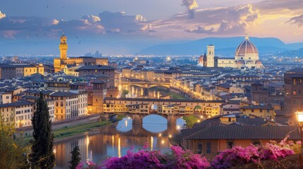 Surreal painting of Ponte Vecchio over the Arno river and Florence Landscape in Italy.