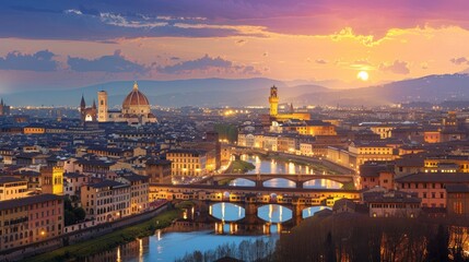 Surreal painting of Ponte Vecchio over the Arno river and Florence Landscape in Italy. - obrazy, fototapety, plakaty