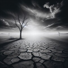 Cracked earth and tree, black and white