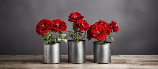 Three elegant glass vases adorned with beautiful red roses placed on a rustic wooden table - Powered by Adobe
