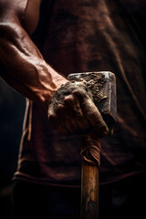 Captivating Image of a Strong Hand Gripping a Weathered Ax - A Symbol of Determination and Resilience