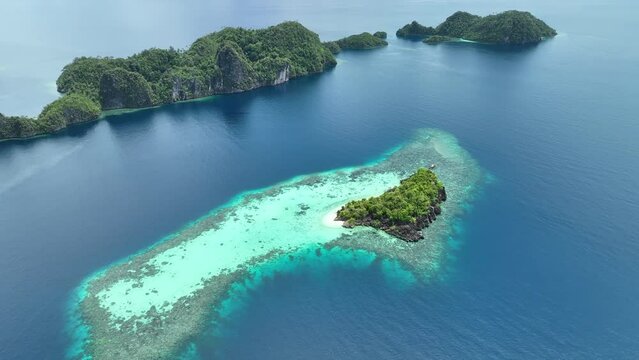 A remote island, fringed by reef, is found in Raja Ampat's seascape. This region of Indonesia is known as the heart of the Coral Triangle due to the extraordinary marine biodiversity found there.