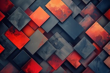 Abstract pattern of overlapping angular squares in shades of grey, red and orange
